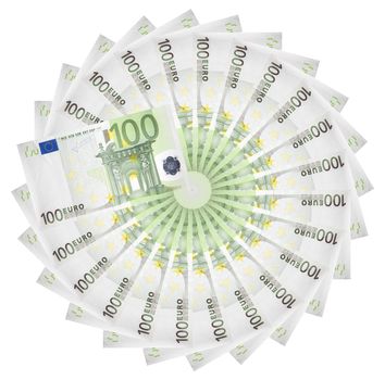 Euro banknotes spread out in a circle.