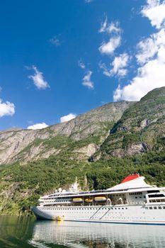 Cruise boat on the Sognefjord near Gudvangen in the western area of Norway.