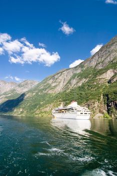 Cruise boat on the Sognefjord near Gudvangen in the western area of Norway.