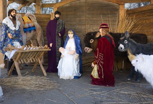 Nativity scene with Mary, Joseph, baby Jesus