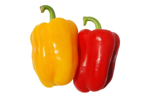 Red and yellow bell pepper on white background with clipping path