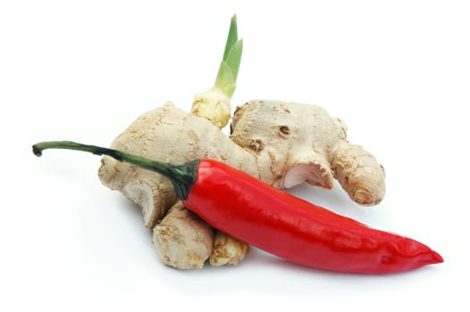 Red chili and ginger root isolated on white background