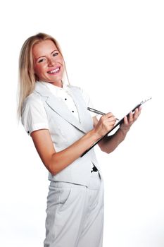 business woman writing in notebook on a white background