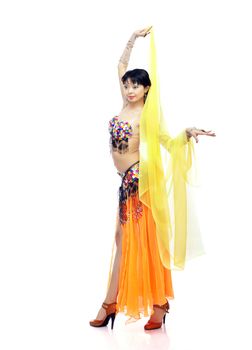 Asian lady in oriental costume dancing belly-dance