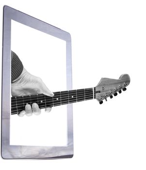 Black and white image of a neck of an electric guitar with male hand coming out from a tablet