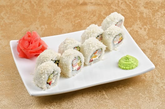 sushi roll of shrimp, cucumber, pepper and sauce