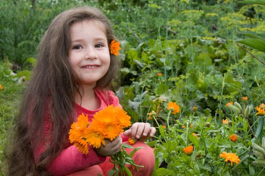 The little girl collects flowers