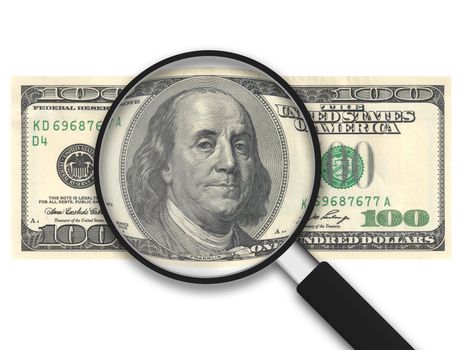 Magnifying Glass with 100 US Dollars Note on white background