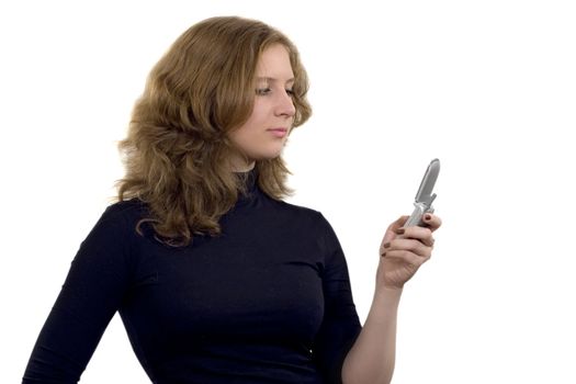 The girl with mobile phone on a white background