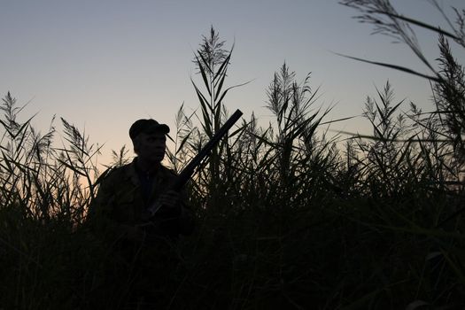 Silhouette of the hunter on a background of a morning dawn