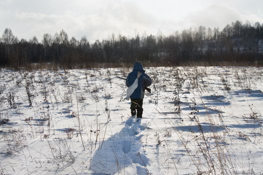 Winter hunting for hares on the first snow