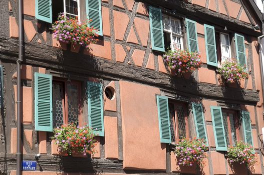 Flowers and windows in the city of Colmar France