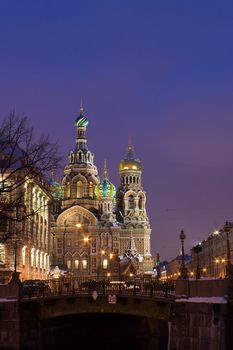 Night vertical view of Temple of the Resurrection of Christ (spas na krovi) Russia