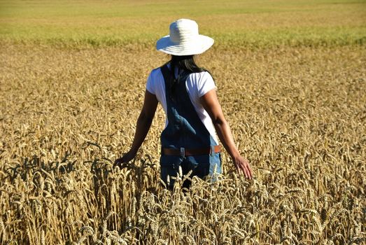 a farmgirl in the grain field with white hat