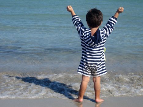 back of a toddler on the beach looking at the sea with his hands up                         