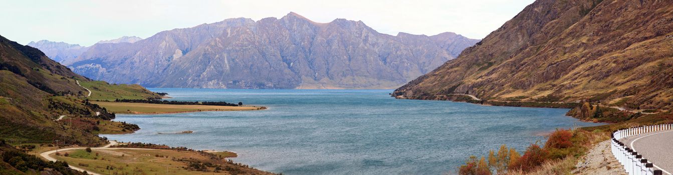 Mountain landscape of Lake Hawea near Queemstown in New Zealand Panorama