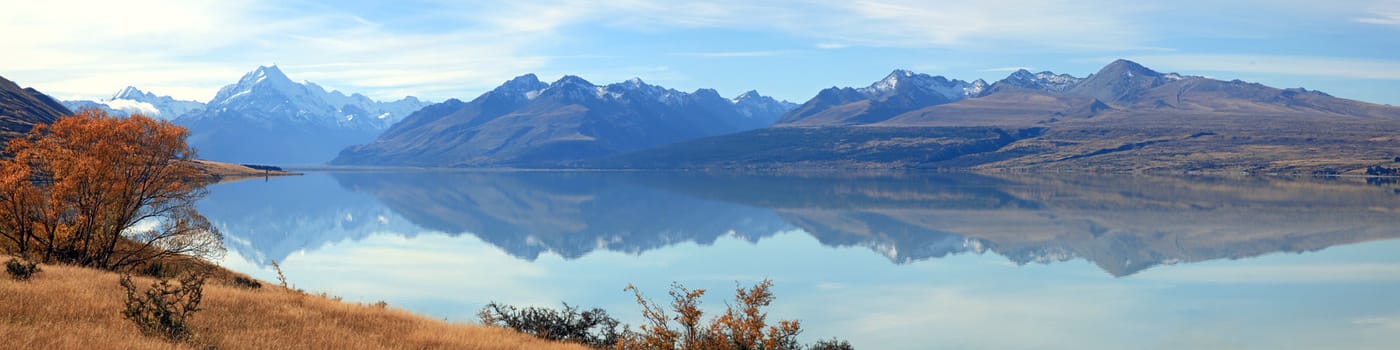 Panorama Landscape of Mountain Cook with its reflection in Lake New Zealand