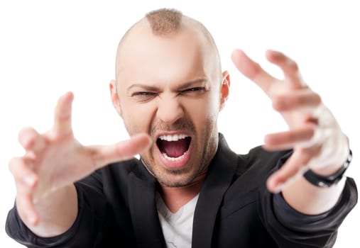 Man reaching hands to camera and screaming, isolated on white