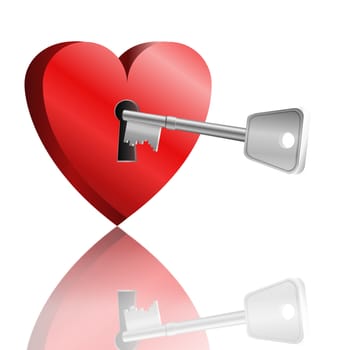 Illustration depicting a love heart with keyhole and a single key reflecting into foreground. White background.