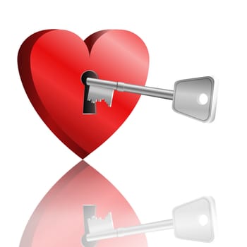 Illustration depicting a love heart with keyhole and a single key reflecting into foreground. White background.