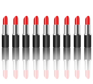 Illustration depicting a horizontal line of red lipsticks arranged over white and reflecting into the foreground.