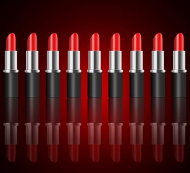 Illustration depicting a horizontal line of red lipsticks arranged over dark red and reflecting into the foreground.