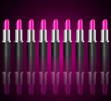 Illustration depicting a horizontal line of pink lipsticks arranged over dark pink and reflecting into the foreground.