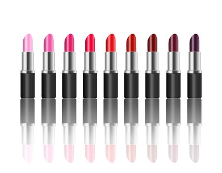 Illustration depicting a selection of lipsticks in a range of colours arranged in a horizontal line over white and reflecting into the foreground.