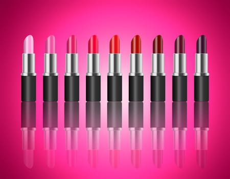 Illustration depicting a selection of lipsticks in a range of colours arranged in a horizontal line over pink light effect and reflecting into the foreground.