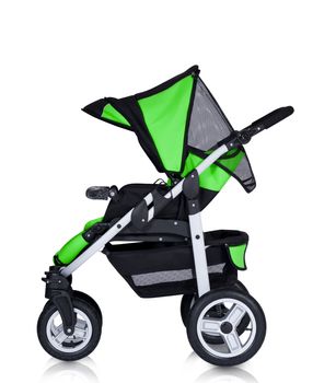 A modern pram isolated against a white background