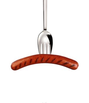 Pork sausage with fork isolated on a white background