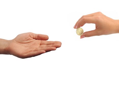 A female hand with coin isolated