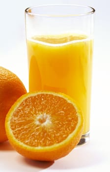 orange juice and slice isolated on white