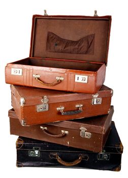 Old brown suitcase on a light background