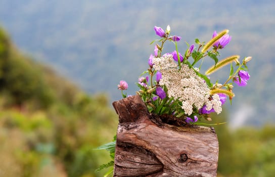 Countryside flowers inside a wooden pot