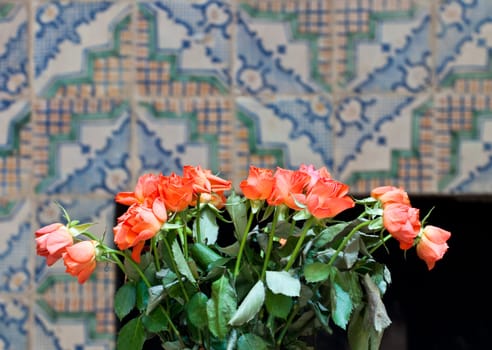 Nice Orange flowers on tiles background