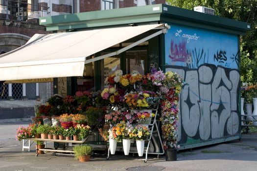 Colorful flowers in a kiosk