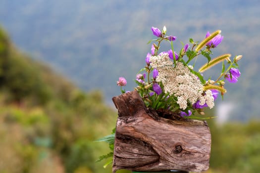 Countryside flowers inside a wooden pot