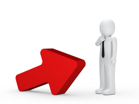 Business man stand next a red arrow