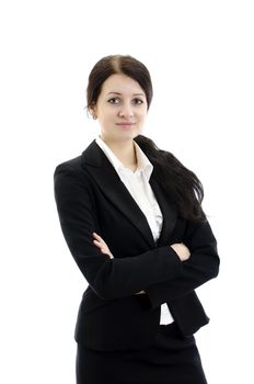 Portrait of a young attractive business woman with hands folded. Isolated on white.