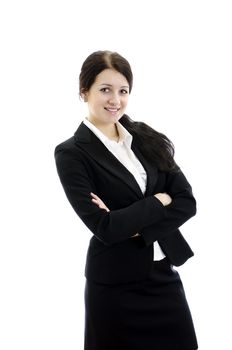 Portrait of a young attractive business woman with hands folded. Isolated on white.