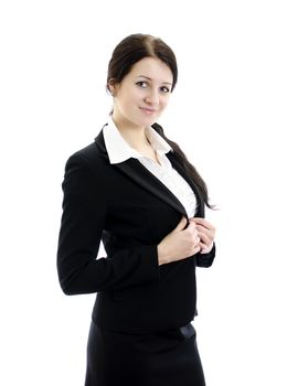 Portrait of a young attractive business woman with hands folded. Isolated on white.