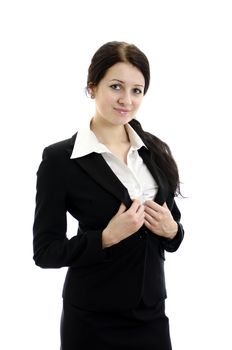 Portrait of a young attractive business woman with hands folded. Isolated on white.