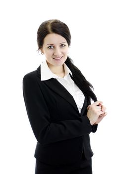 Portrait of a young attractive business woman with hands folded. Isolated on white.