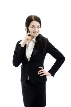 Portrait of a young attractive business woman with mobile phone. Isolated on white.