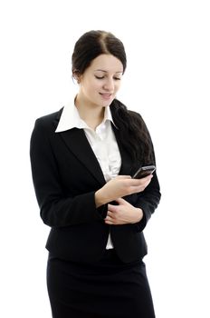 Portrait of a young attractive business woman with mobile phone. Isolated on white.