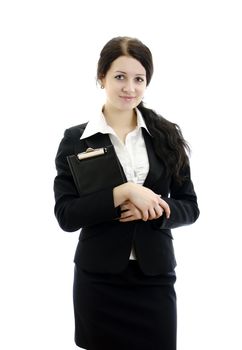 Portrait of a young attractive business woman with clipboard. Isolated on white.