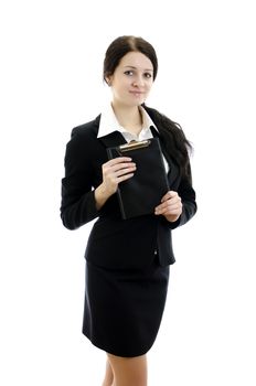 Portrait of a young attractive business woman with clipboard. Isolated on white.