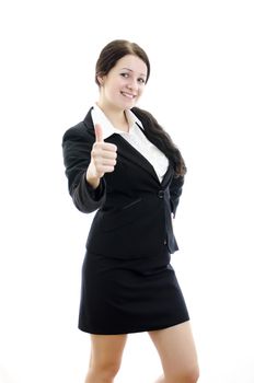 Portrait of a young attractive business woman with thumbs up gesture. Isolated on white.