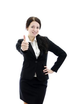Portrait of a young attractive business woman with thumbs up gesture. Isolated on white.